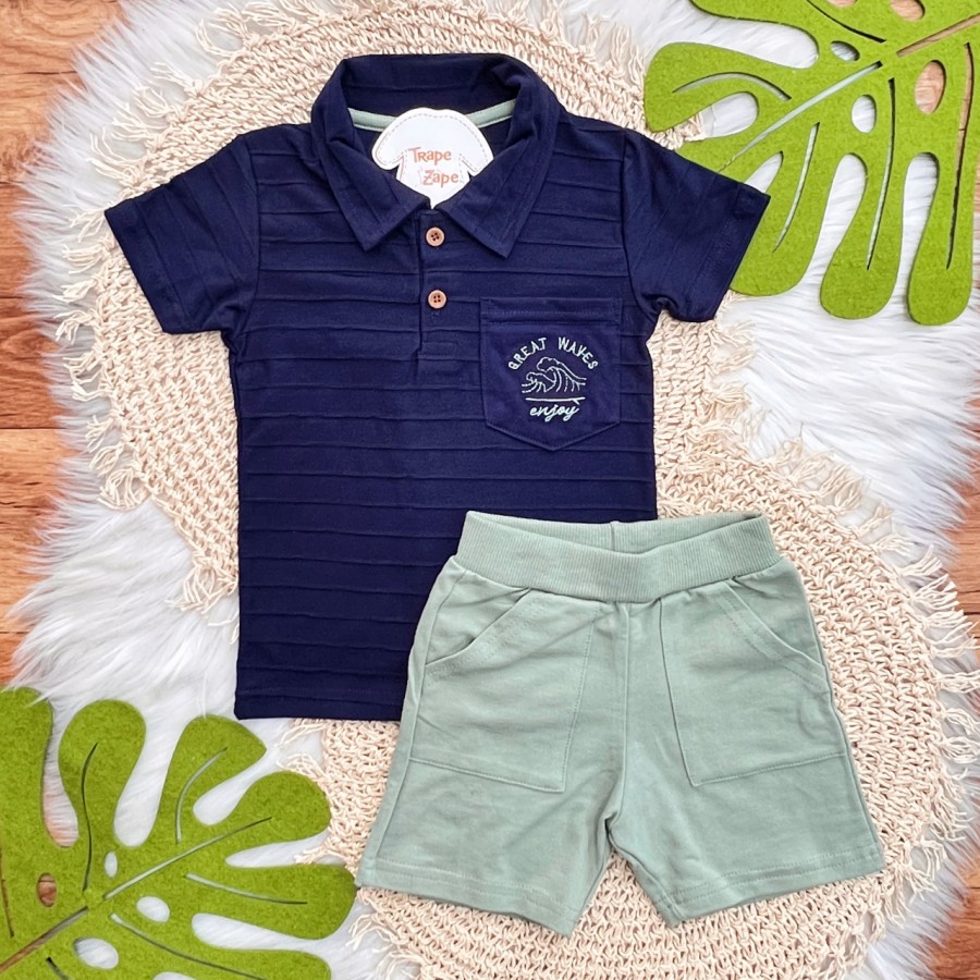 Conj. Camisa Gola Polo Waves Enjoy e Bermuda - Marinho e Verde